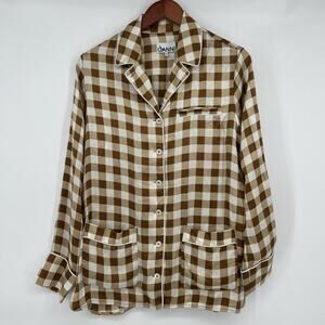 Ganni Silk Check Shirt Womens Size US 6 EU 36 Toffee Pajama Look Satin Oversized